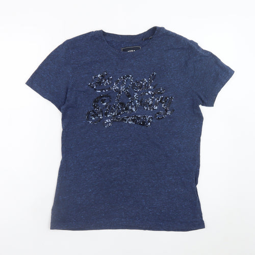 Superdry Womens Blue Sequin Logo T-Shirt Size 10 Short Sleeve
