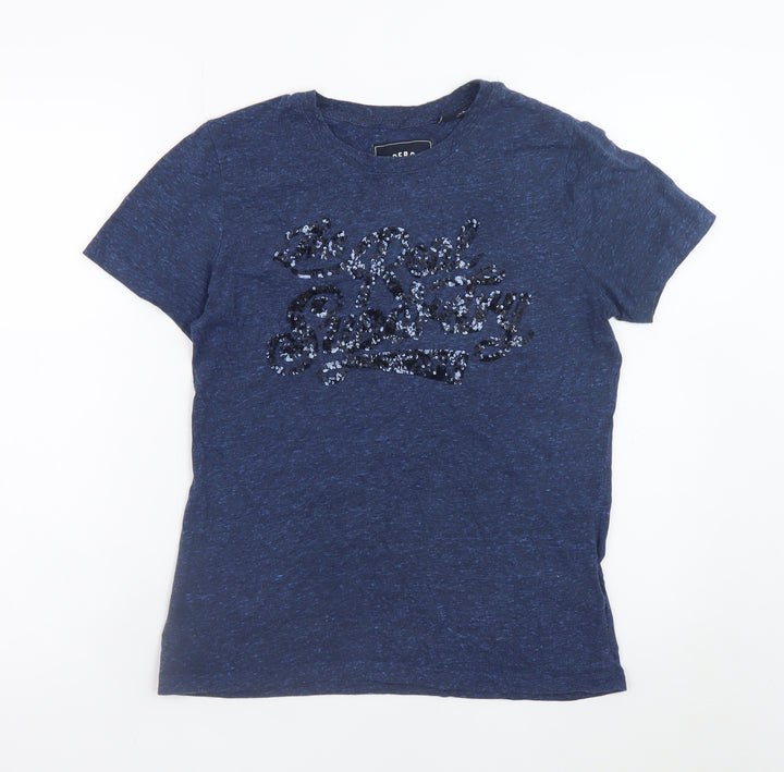Superdry Womens Blue Sequin Logo T-Shirt Size 10 Short Sleeve
