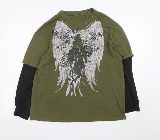 Romwe Men's Green XS Graphic Angel Wings Long Sleeve Layered T-Shirt