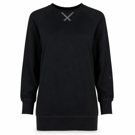 Front view of Adidas women’s black long sleeve pullover sweatshirt, size UK 10