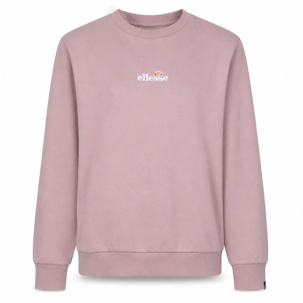 Front view of Ellesse women’s pink pullover sweatshirt, size M, cotton blend logo crew neck
