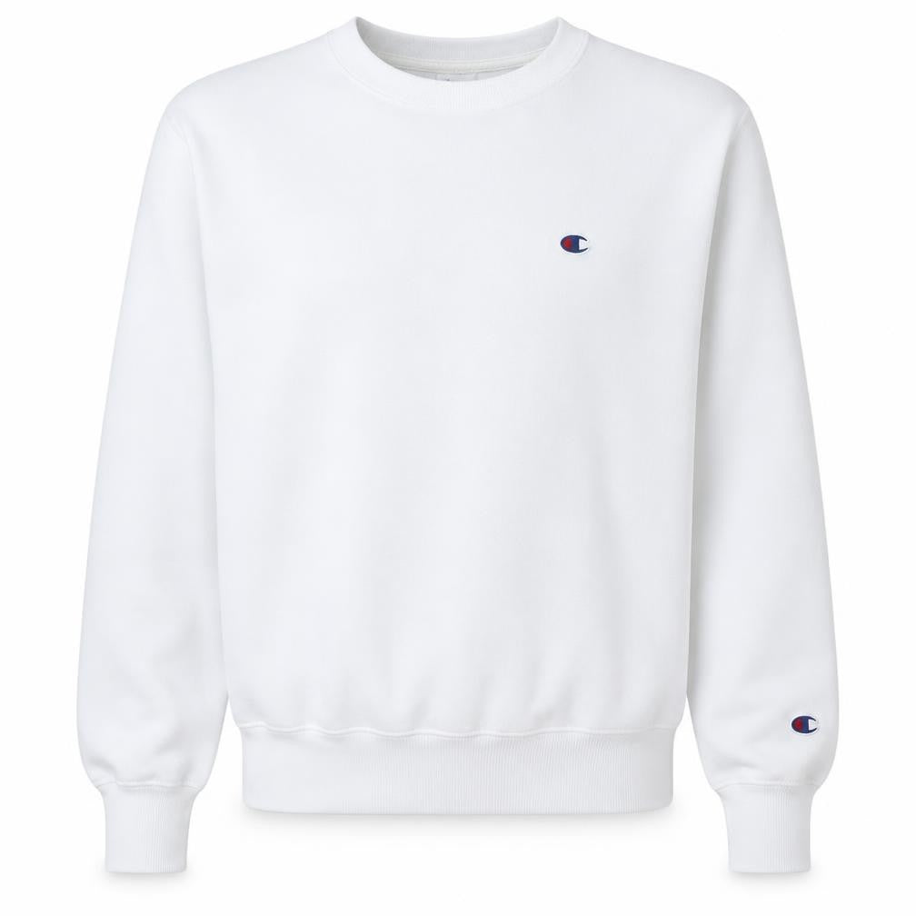 Front view of Champion Men's White Small Logo Crew Neck Pullover Sweatshirt