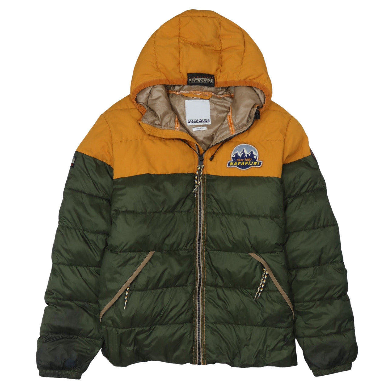 Napapijri Men Green Orange Hooded Puffer Jacket L Regular Fit