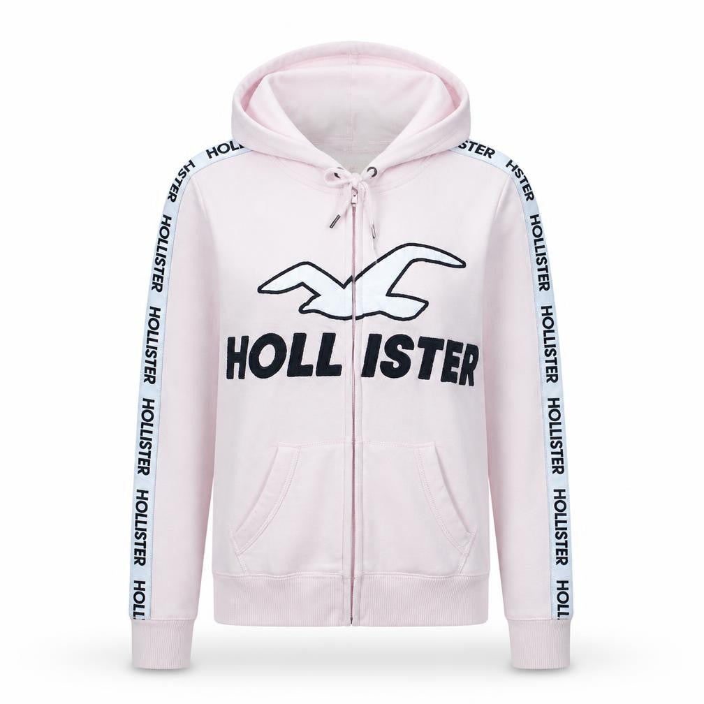 Hollister Women Pink Full Zip Hoodie Medium Cotton Blend Logo Hooded Sweatshirt
