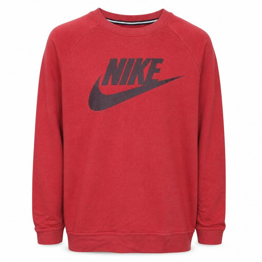 Front view of Nike Men's Red Crew Neck Graphic Logo Pullover Sweatshirt, size L