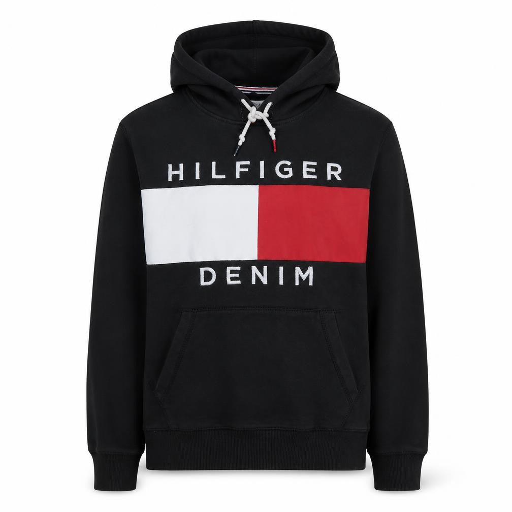 Front view of Tommy Hilfiger Men's Black L Pullover Hoodie Graphic Logo Sweatshirt