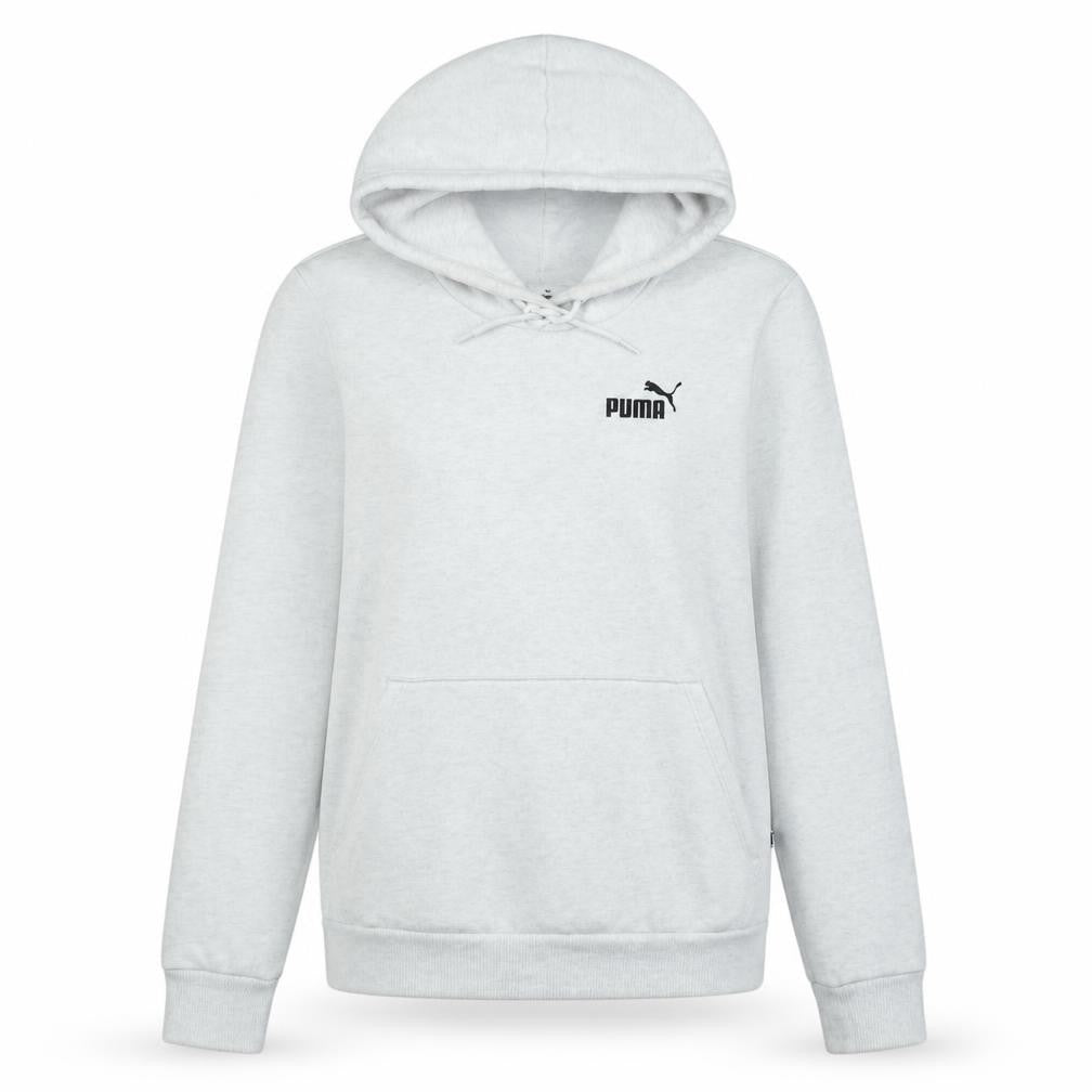 Front view of Puma women’s grey medium pullover hoodie with logo and pockets