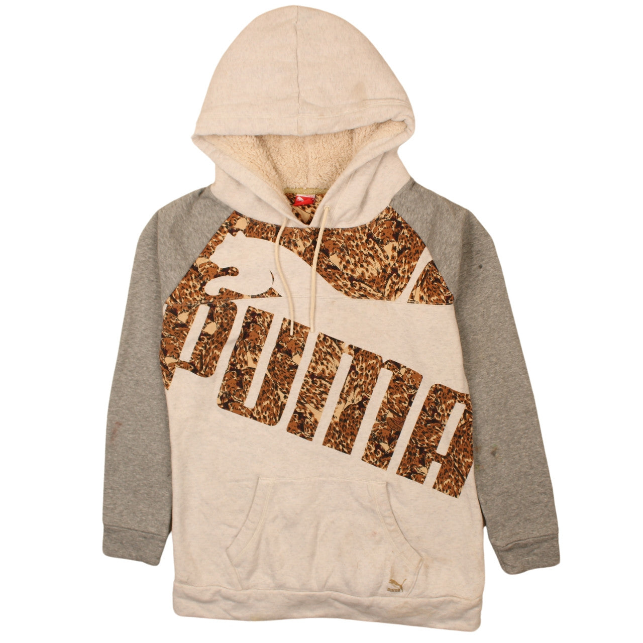 Puma Women Beige Grey Hooded Pullover Hoodie Size 14 L Lined Logo Print