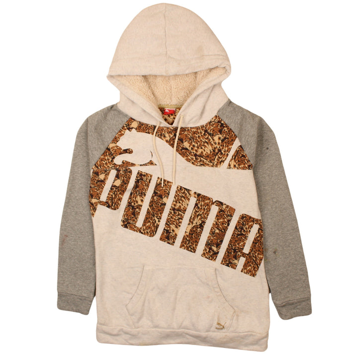 Puma Women Beige Grey Hooded Pullover Hoodie Size 14 L Lined Logo Print