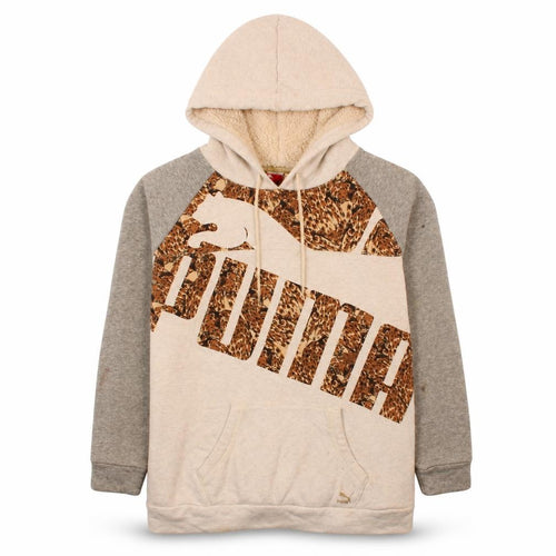Puma Women Beige Grey Hooded Pullover Hoodie Size 14 L Lined Logo Print