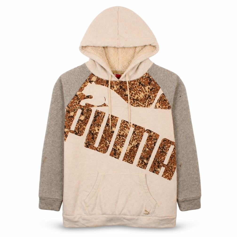 Puma Women Beige Grey Hooded Pullover Hoodie Size 14 L Lined Logo Print