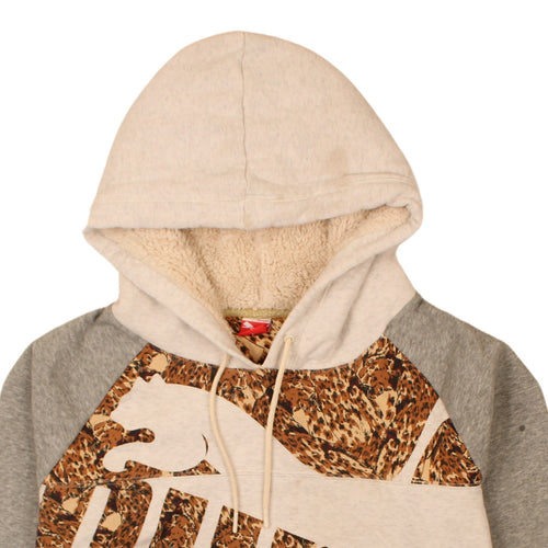 Puma Women Beige Grey Hooded Pullover Hoodie Size 14 L Lined Logo Print