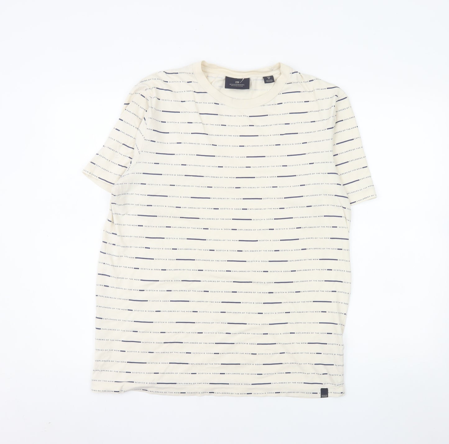 Scotch & Soda Men's Beige Striped Crew Neck Cotton T-Shirt M