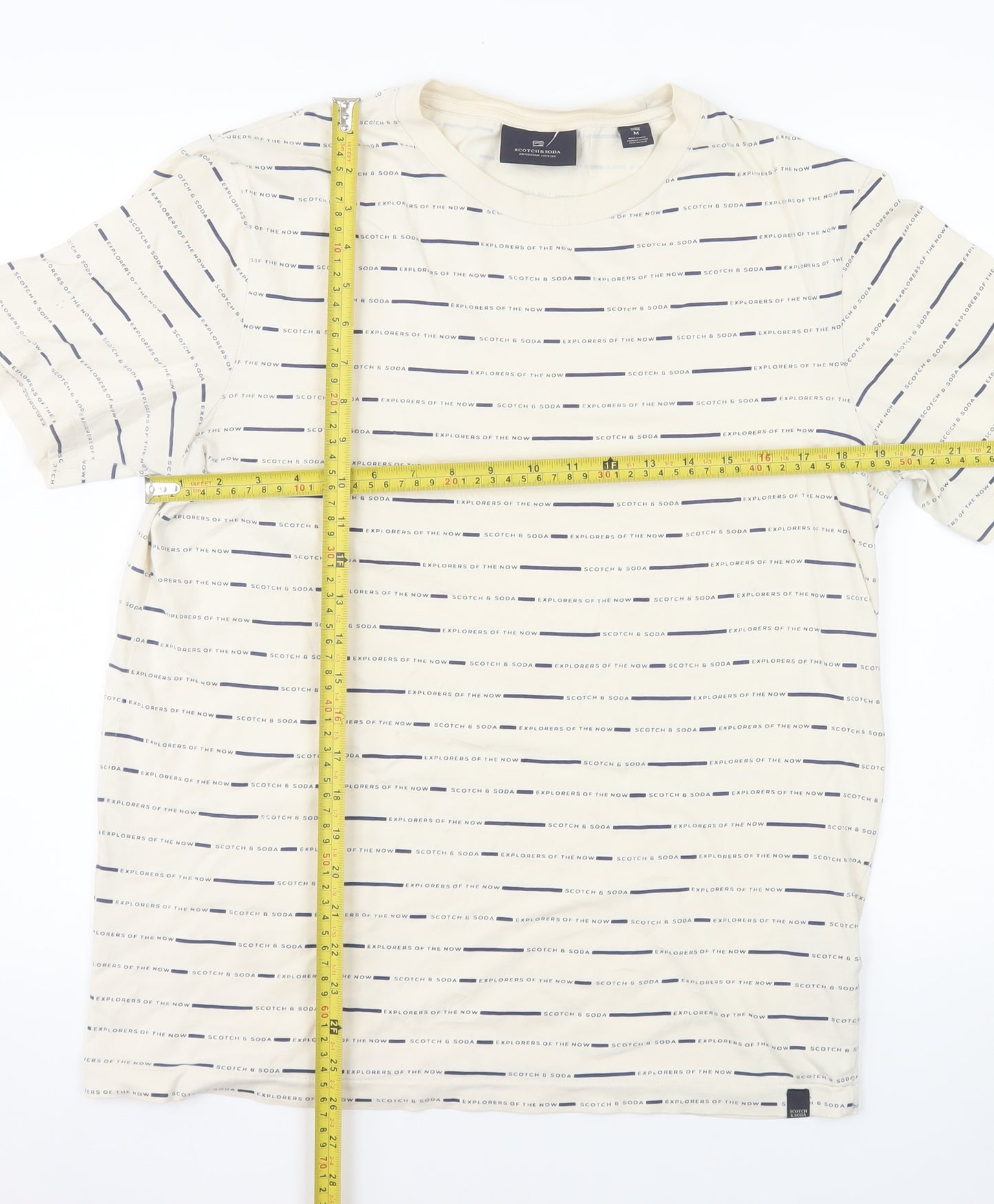 Scotch & Soda Men's Beige Striped Crew Neck Cotton T-Shirt M