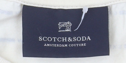Scotch & Soda Men's Beige Striped Crew Neck Cotton T-Shirt M
