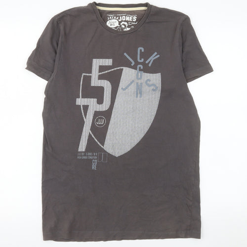 Jack & Jones Men's Grey Graphic Print Cotton T-Shirt Size M