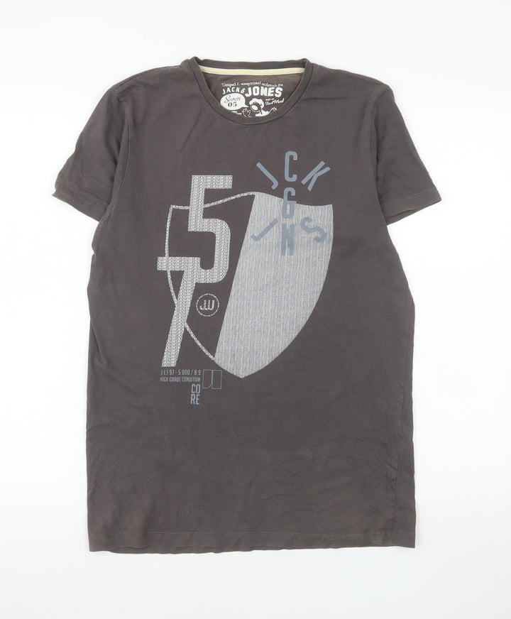 Jack & Jones Men's Grey Graphic Print Cotton T-Shirt Size M