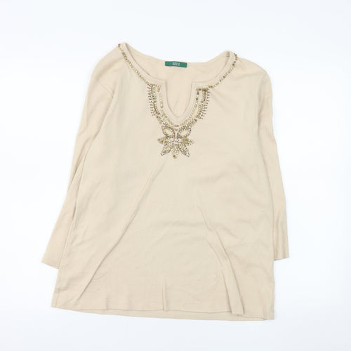 Marks and Spencer Women Beige Beaded Long Sleeve Tunic Top UK 20