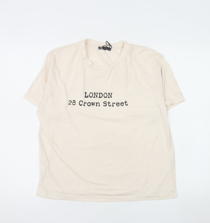 Zara Women Beige London Print Short Sleeve Basic T-Shirt M