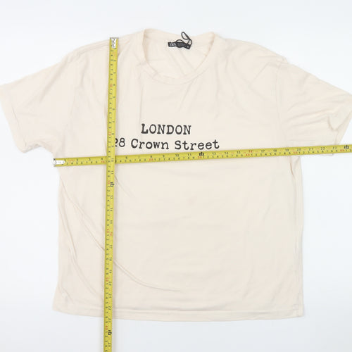 Zara Women Beige London Print Short Sleeve Basic T-Shirt M