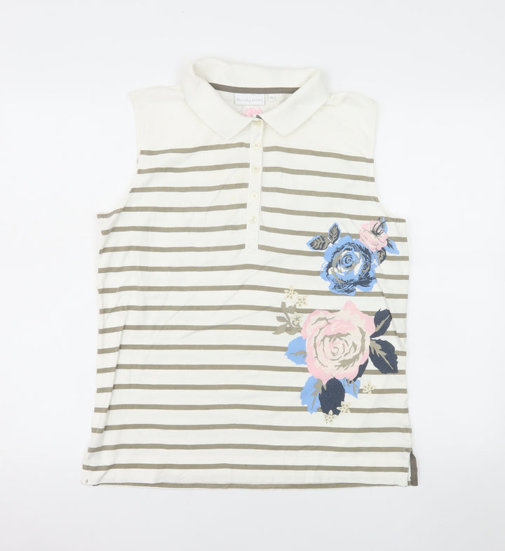Daily Sports Women's Beige Striped Floral Sleeveless Polo Shirt XL