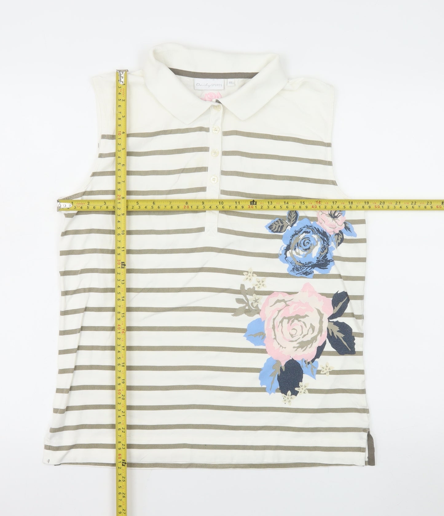 Daily Sports Women's Beige Striped Floral Sleeveless Polo Shirt XL