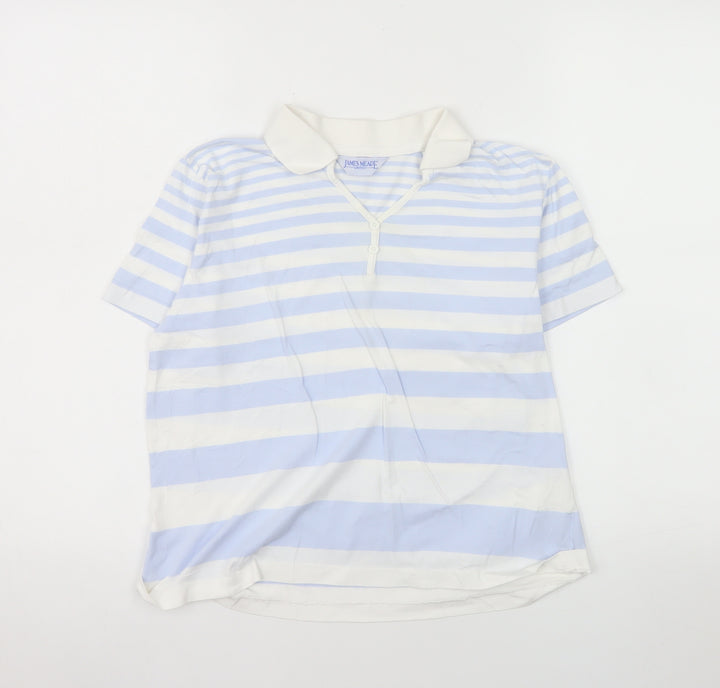 James Meade Women Blue White Striped Cotton Polo Shirt M