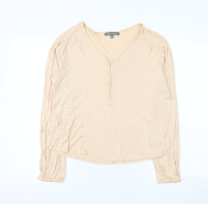 Laura Ashley Women’s Beige Long Sleeve V-Neck Blouse Size 14