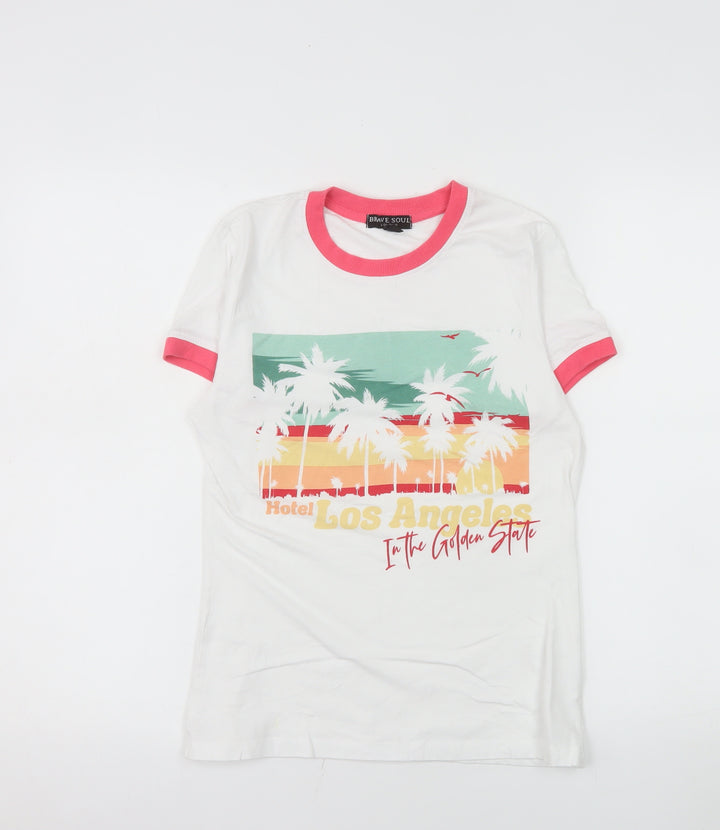Brave Soul Womens White Ringer T-Shirt XS Beach Print Summer Top