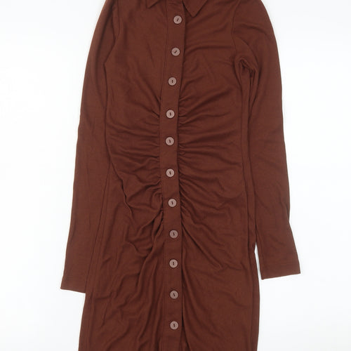 Stradivarius Women Brown Collared Ruched Button Stretch Shirt Dress Size 8