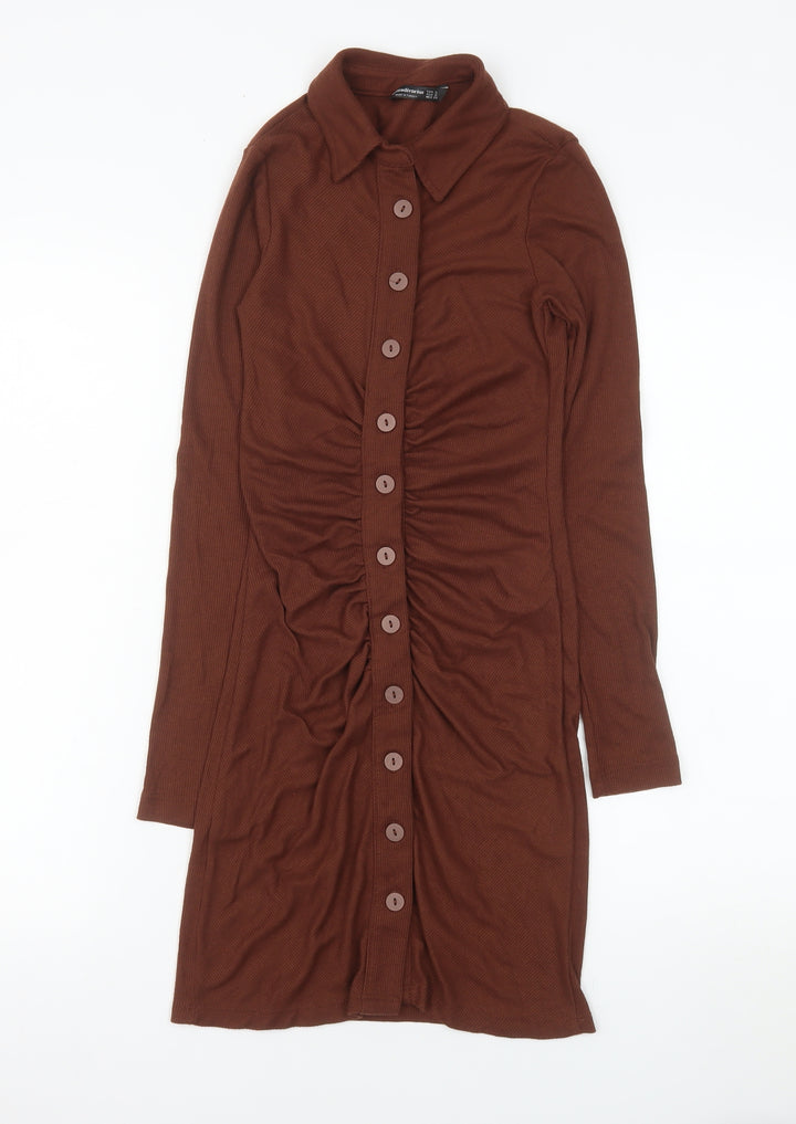 Stradivarius Women Brown Collared Ruched Button Stretch Shirt Dress Size 8