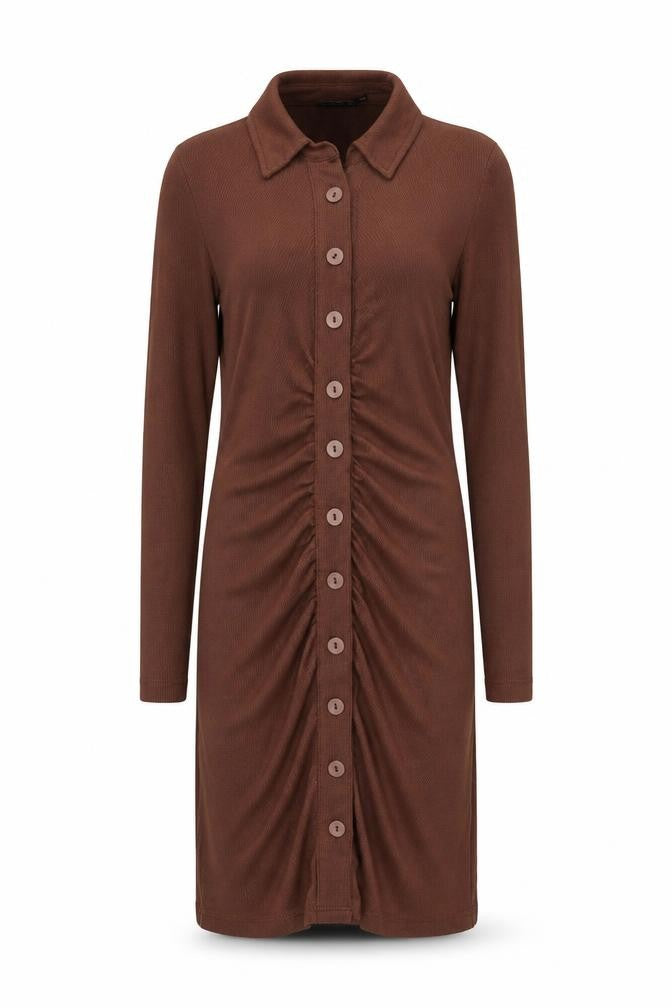 Front view of Stradivarius Women Brown Collared Ruched Button Stretch Shirt Dress, size 8
