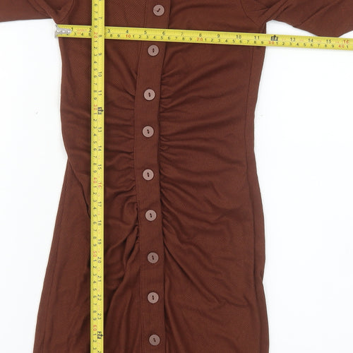 Stradivarius Women Brown Collared Ruched Button Stretch Shirt Dress Size 8