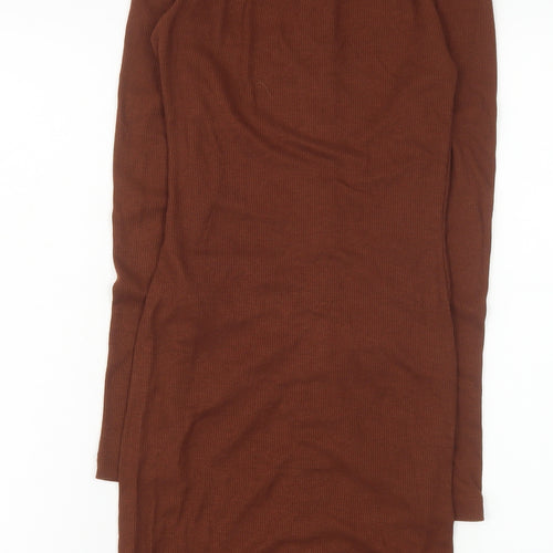 Stradivarius Women Brown Collared Ruched Button Stretch Shirt Dress Size 8