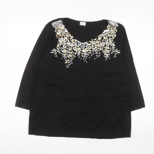 Mitzy Women Black Sequin Round Neck 3/4 Sleeve Blouse Size L