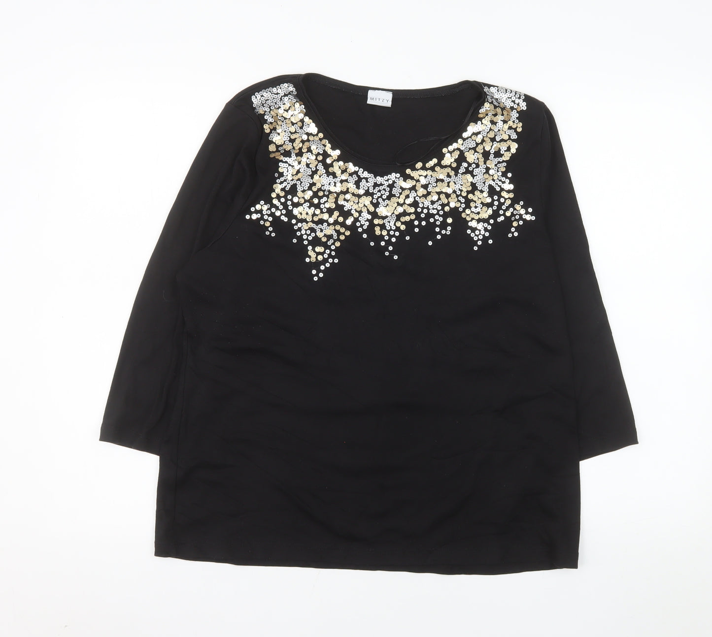 Mitzy Women Black Sequin Round Neck 3/4 Sleeve Blouse Size L