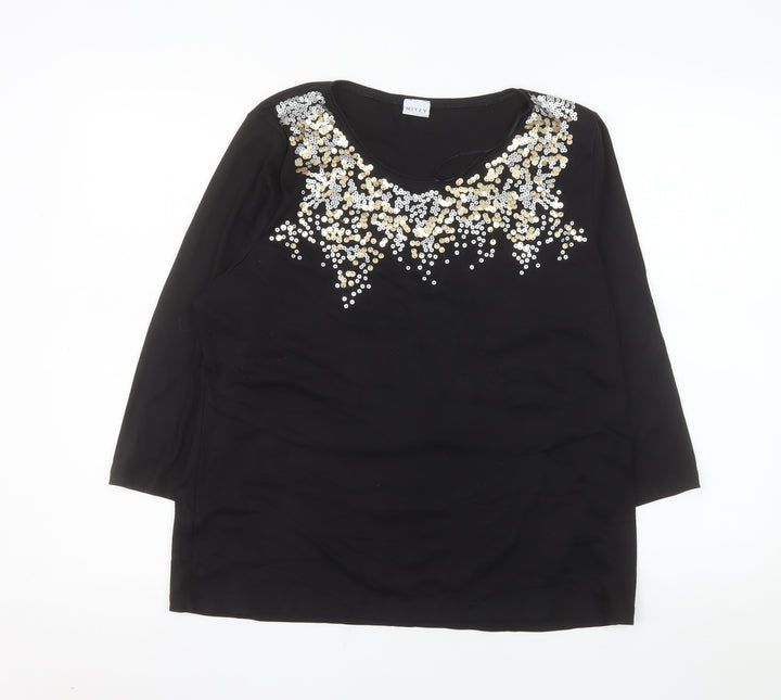 Mitzy Women Black Sequin Round Neck 3/4 Sleeve Blouse Size L