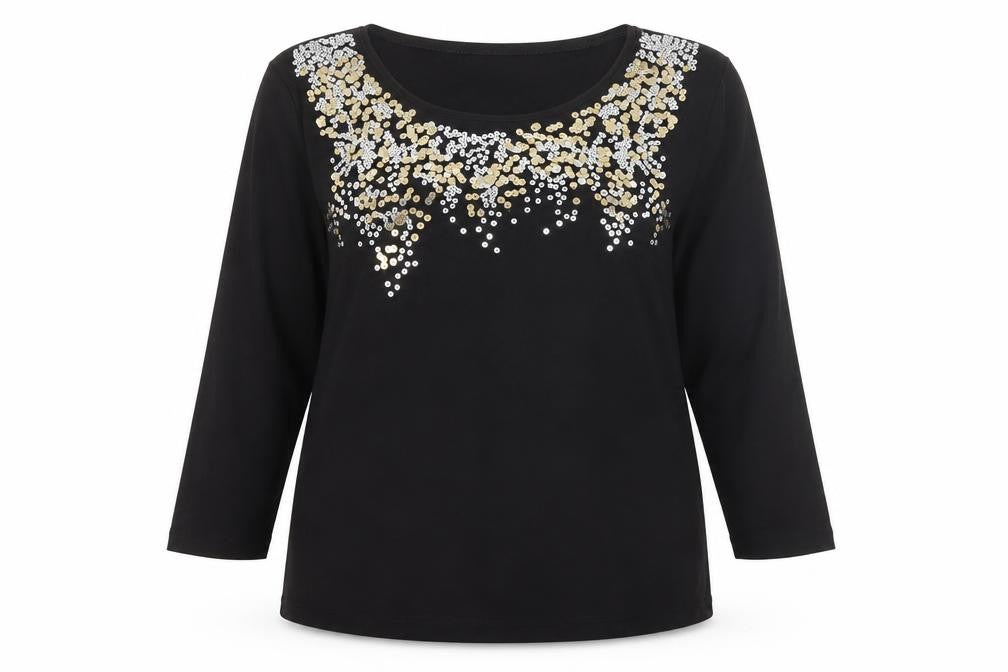 Front view of Mitzy Women Black Sequin Round Neck 3/4 Sleeve Blouse, size L