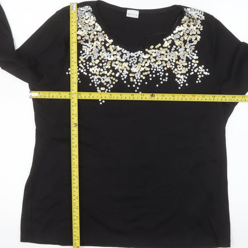 Mitzy Women Black Sequin Round Neck 3/4 Sleeve Blouse Size L