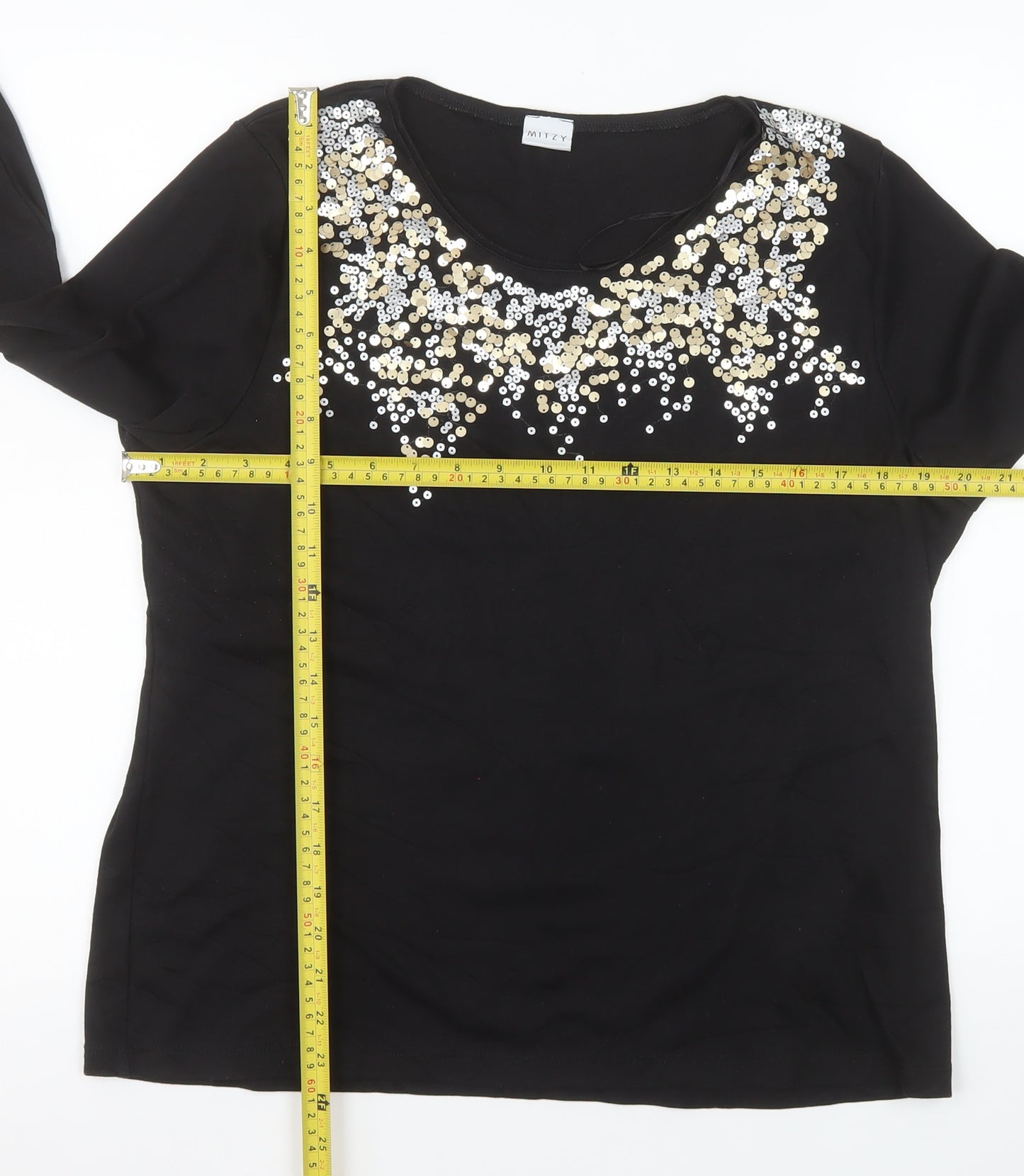 Mitzy Women Black Sequin Round Neck 3/4 Sleeve Blouse Size L