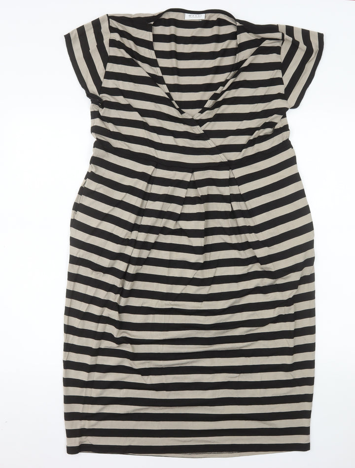 Masai Women Black Striped XL Shift V-Neck Jersey Dress