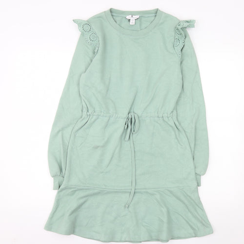 Topshop Women's Green Fit & Flare Long Sleeve Short Dress Size 4