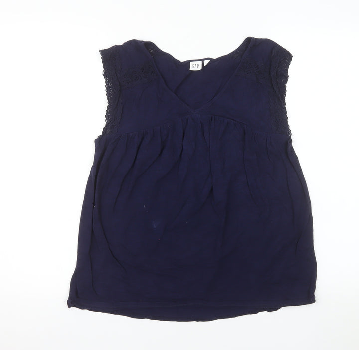 GAP Women Blue 100% Cotton Sleeveless V-Neck Blouse Size S