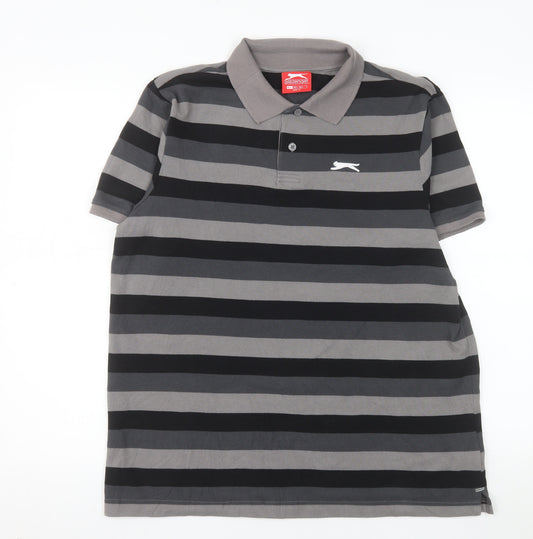 Slazenger Men's Grey Striped Polo Shirt Size L Short Sleeve Sports Top