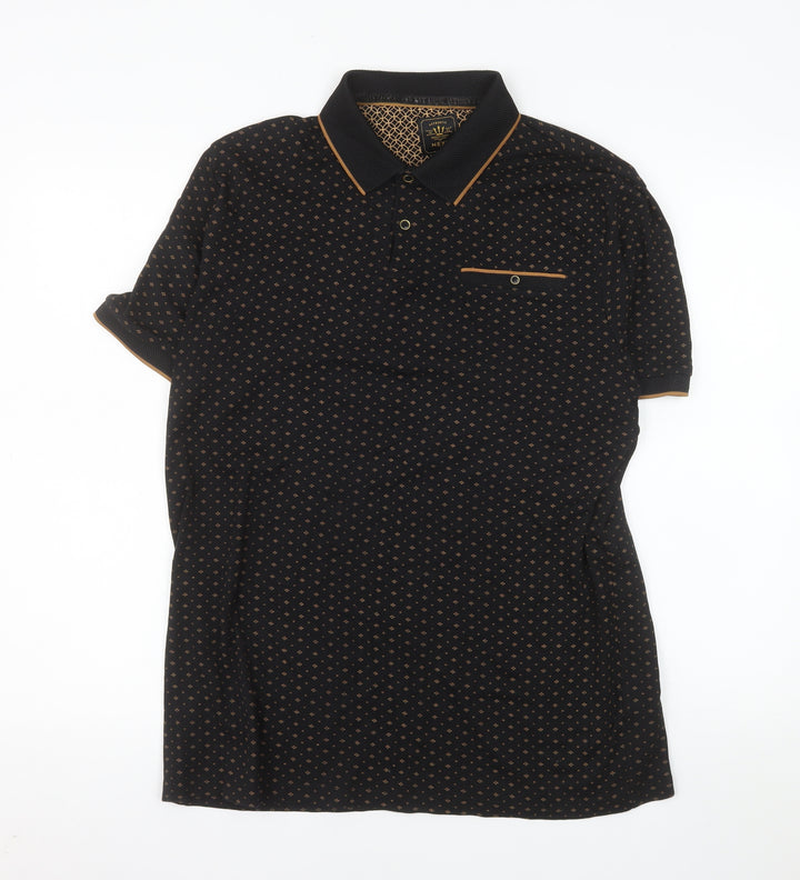 Next Men's Black Geometric Cotton Polo Shirt Size L