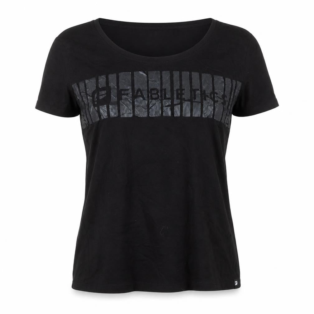 Front view of Fabletics Women's Black Short Sleeve Scoop Neck T-Shirt, size M