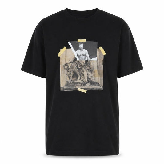 Front view of Luciano Men's Black Graphic Print Crew Neck T-Shirt, size M, Polyester Cotton Blend