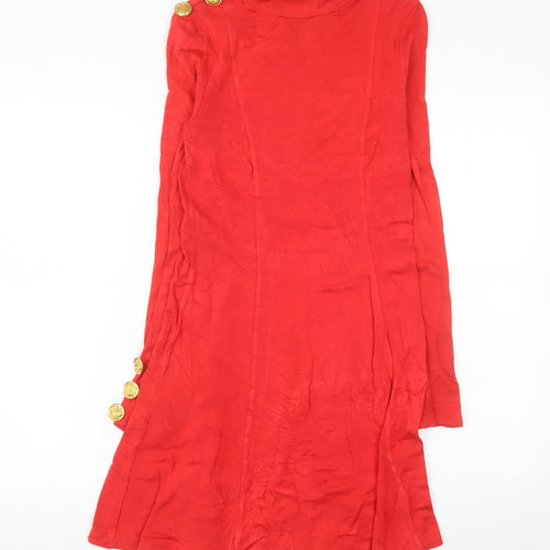 Next Women Red Knee Length Shift Dress Size 8 Long Sleeve Button Detail