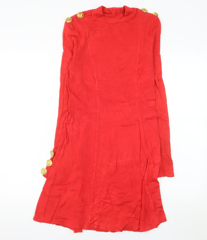 Next Women Red Knee Length Shift Dress Size 8 Long Sleeve Button Detail