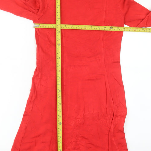 Next Women Red Knee Length Shift Dress Size 8 Long Sleeve Button Detail